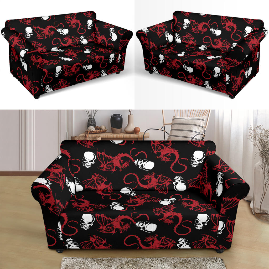 Skull With Red Dragon Print Design LKS304 Loveseat Couch Slipcover