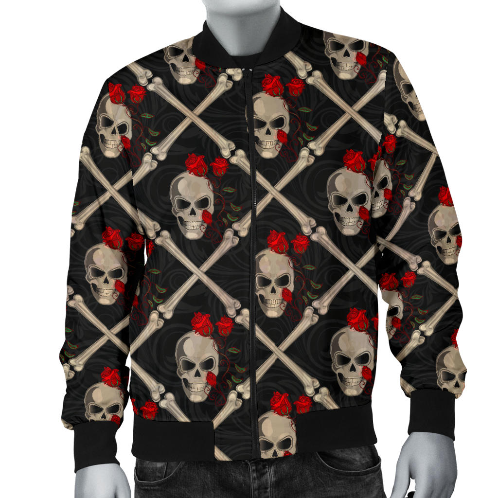 Skull Roses Bone Design Themed Print Men Bomber Jacket