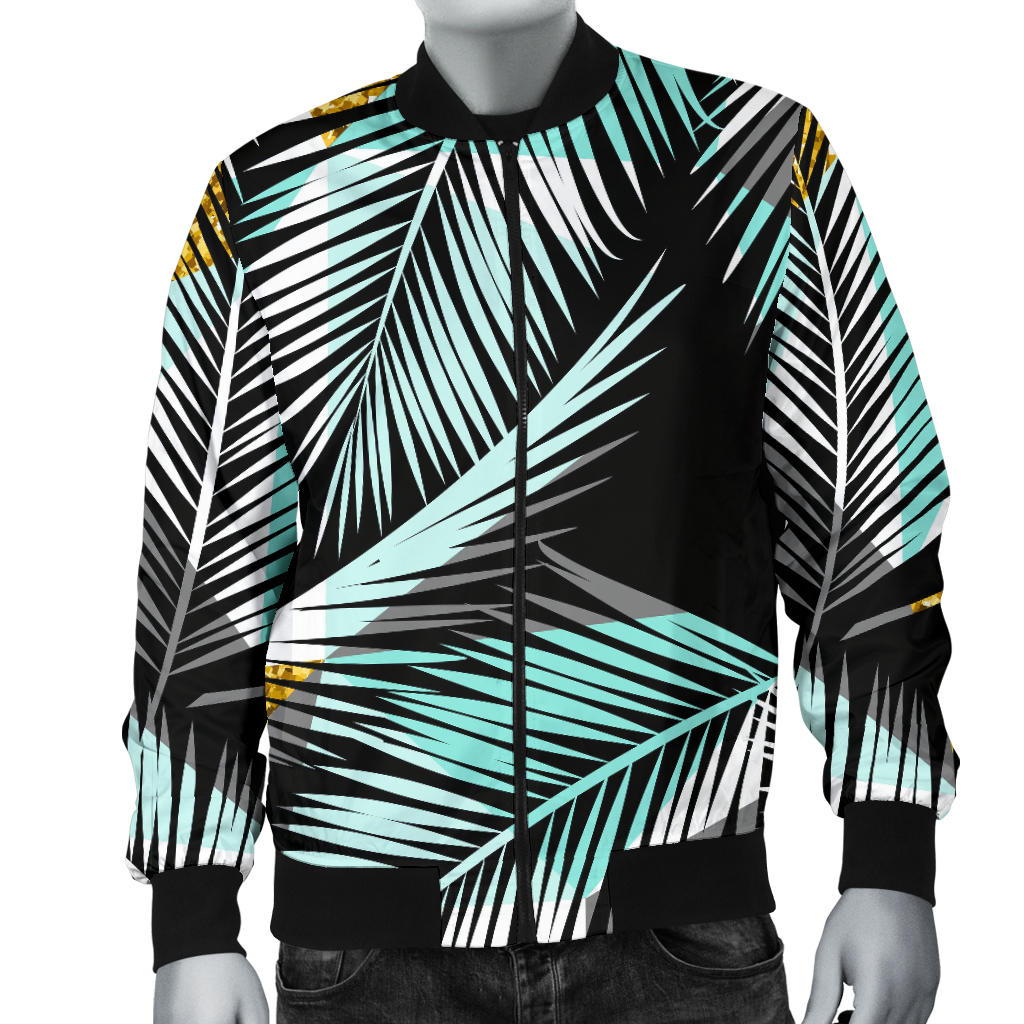 Gold Glitter Cyan Tropical Palm Leaves Men Bomber Jacket