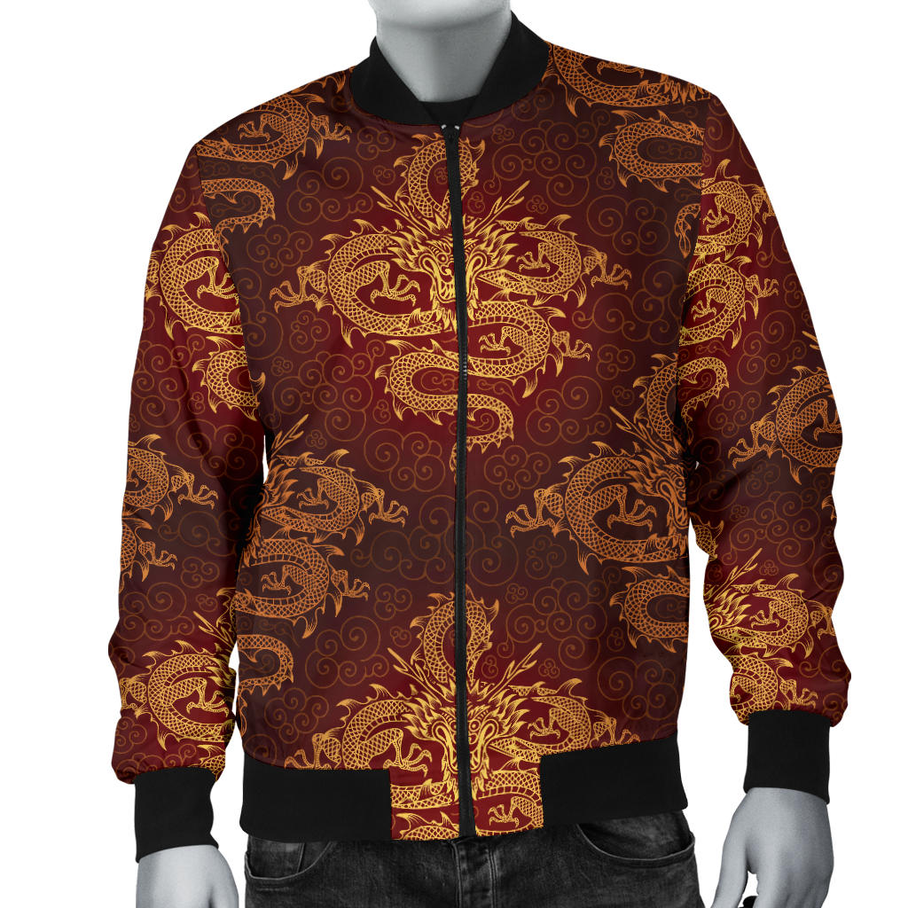 Chinese Dragons Gold Design Men Bomber Jacket