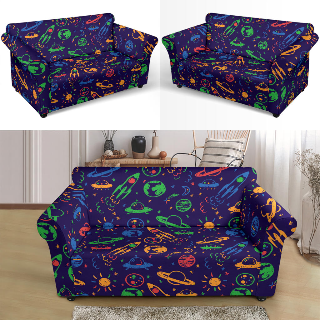 UFO Space Rocket Print Design LKS302 Loveseat Couch Slipcover
