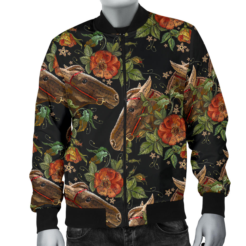 Horse Embroidery with Flower Design Men Bomber Jacket
