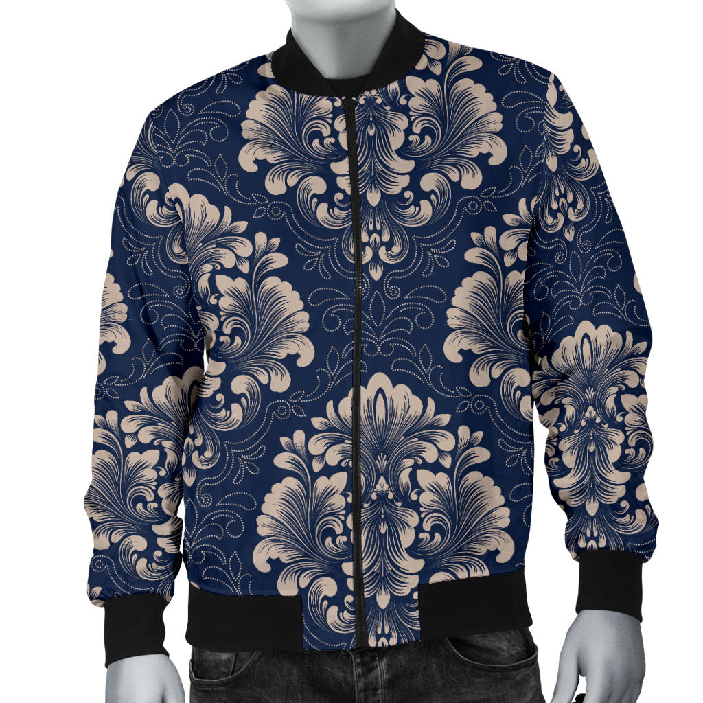 Damask Blue Luxury Print Pattern Men Bomber Jacket
