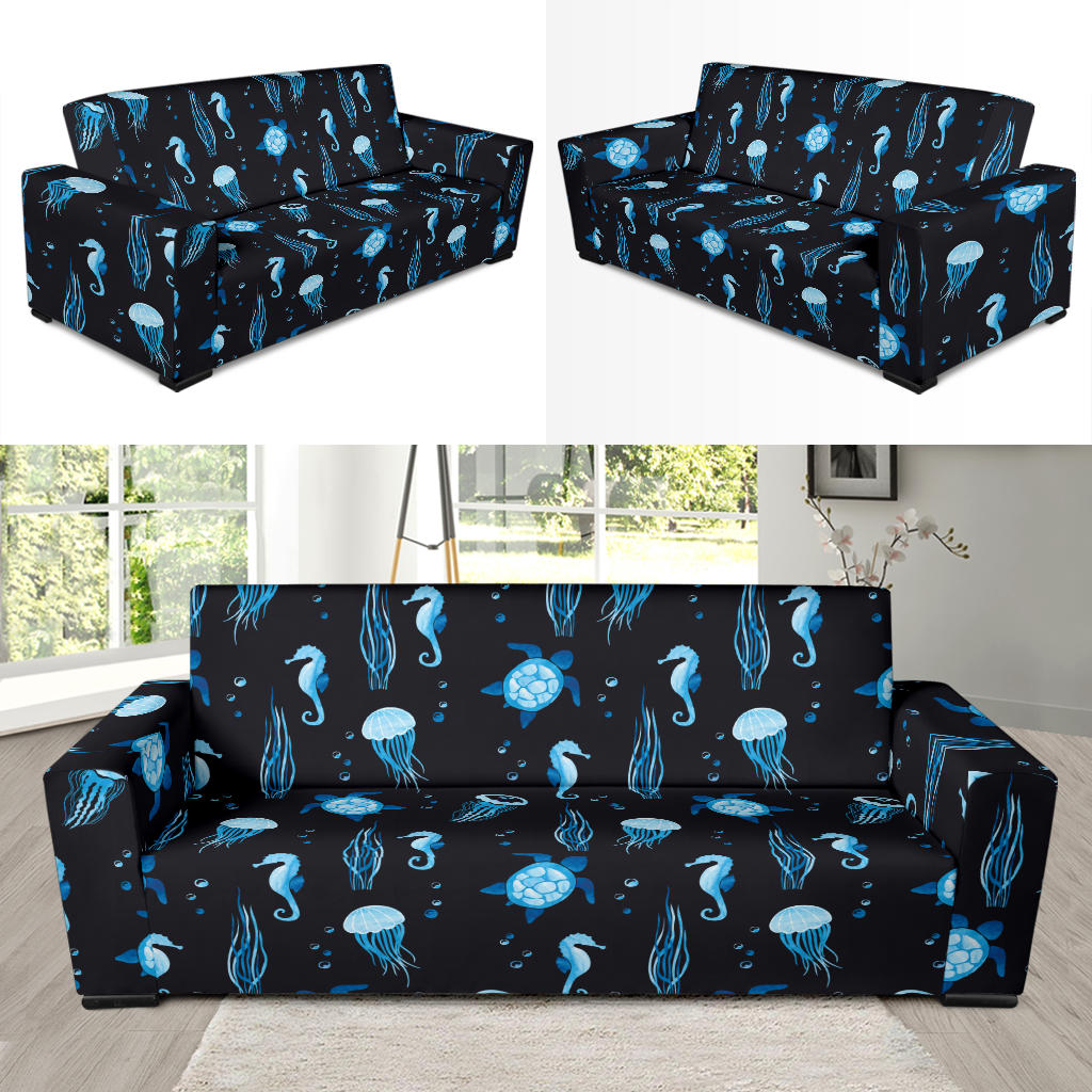 Sea Turtle Jelly Fish Sea Horse Print Design LKS3014 Sofa Slipcover