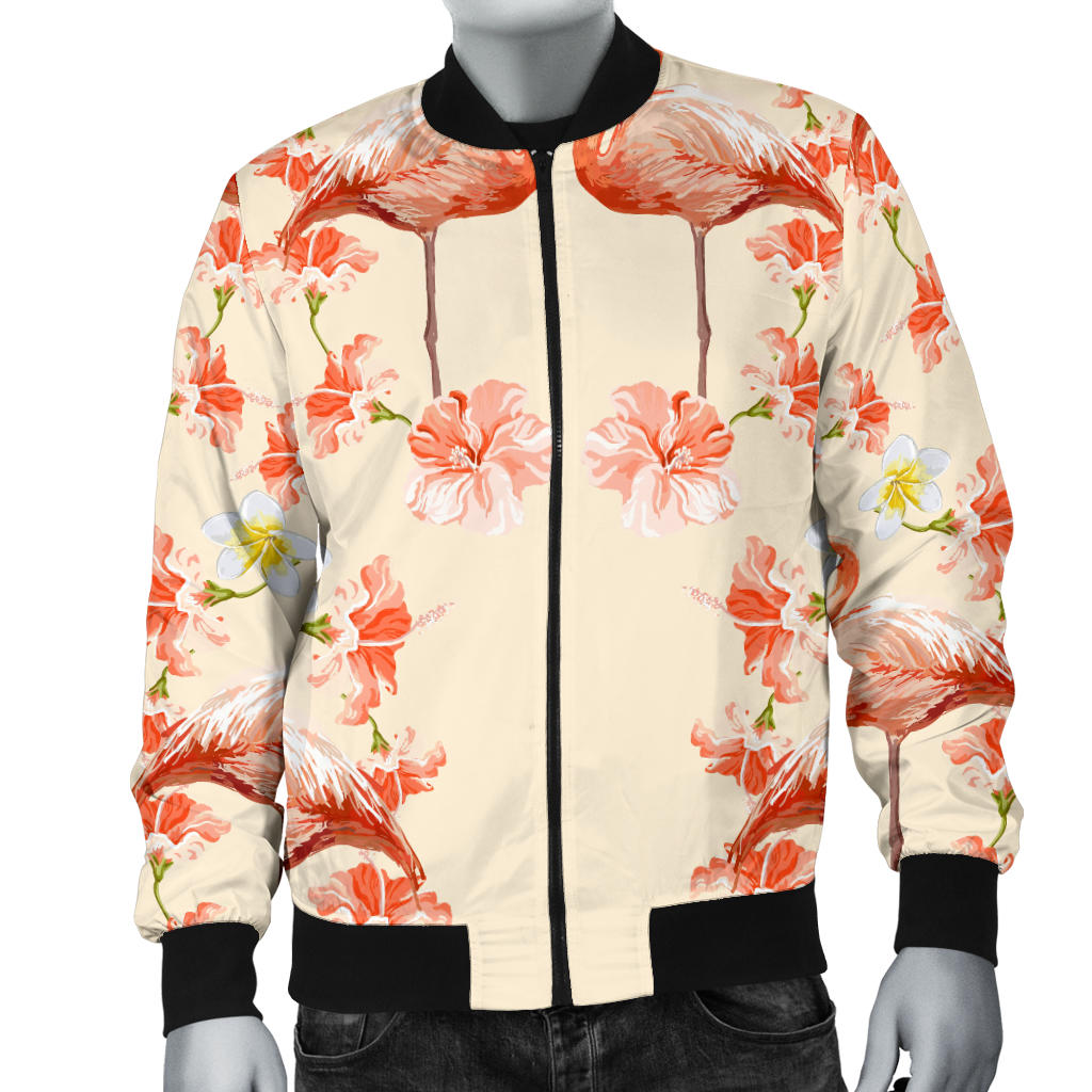 Flamingo Hibiscus Print Pattern Men Bomber Jacket