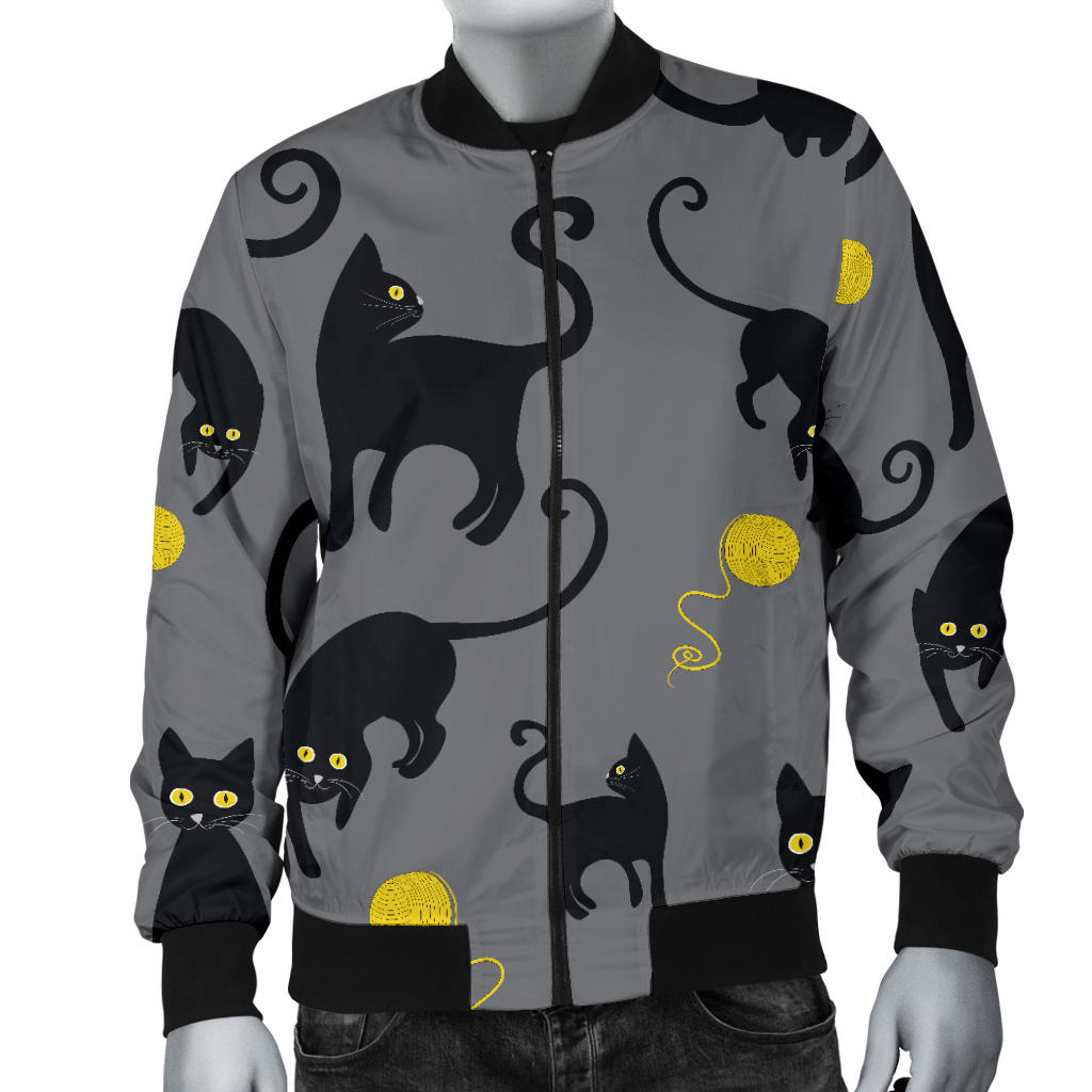 Black Cat Yellow Yarn Print Pattern Men Bomber Jacket
