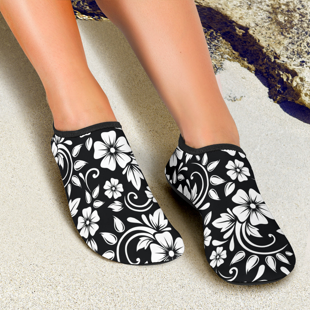 Floral Black White Themed Print Aqua Water Shoes