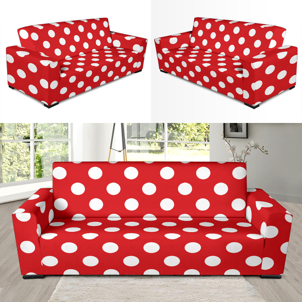 Polka Dot Red Pattern Print Design 04 Sofa Slipcover