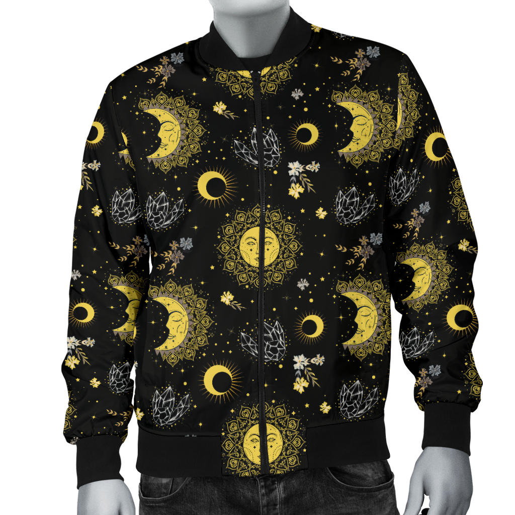 Sun Moon Golden Design Themed Print Men Bomber Jacket