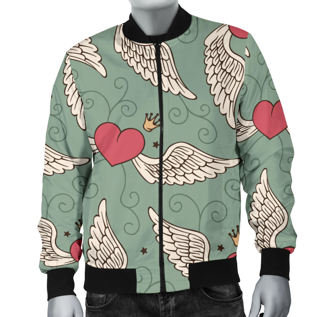 Angel Wings Heart Design Themed Print Men Bomber Jacket