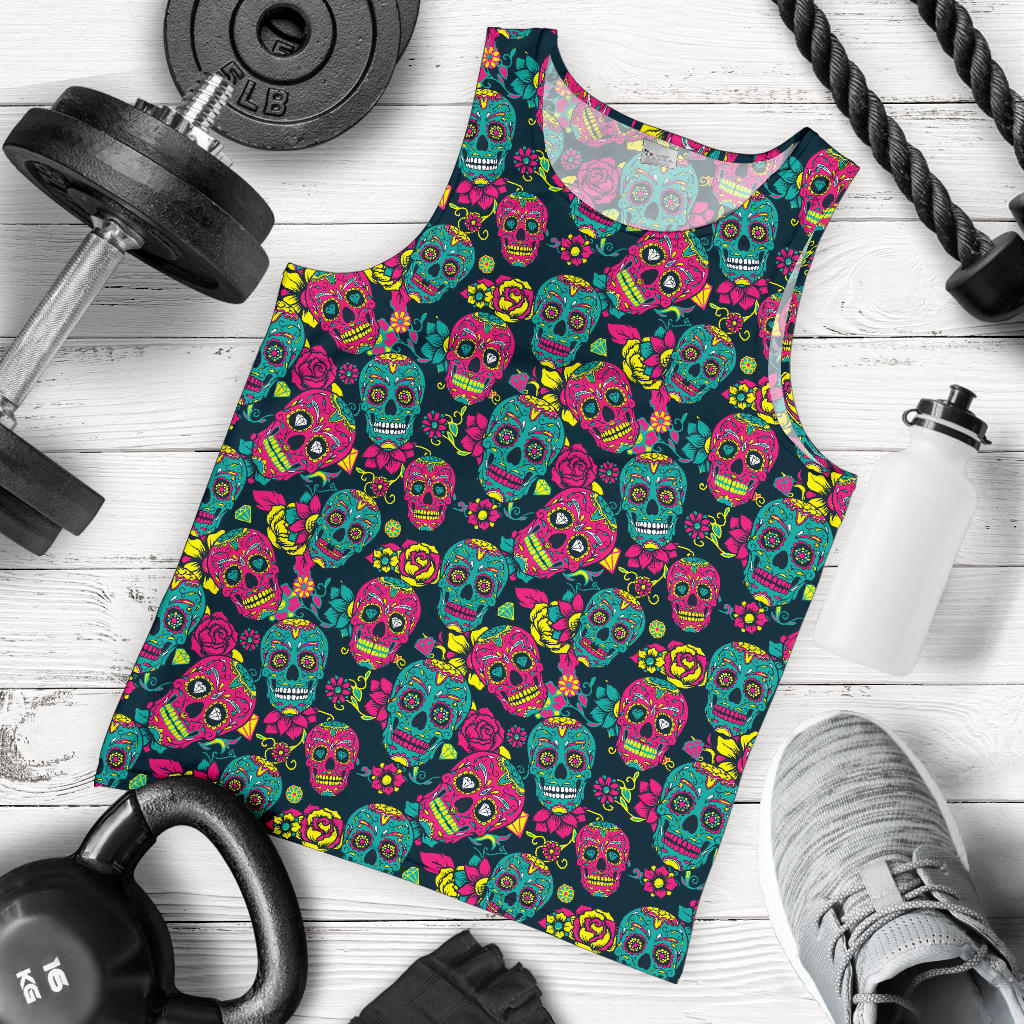 Sugar Skull Floral Design Themed Print Men Tank Top