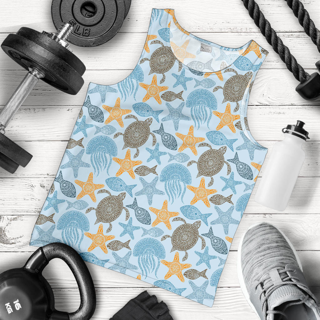 Polynesian Jellyfish Turtle Print Men Tank Top