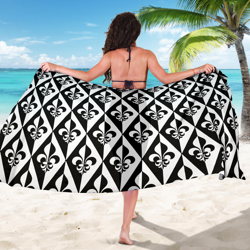 Fleur De Lis Black White Pattern Print Design 02 Sarong Pareo Wrap