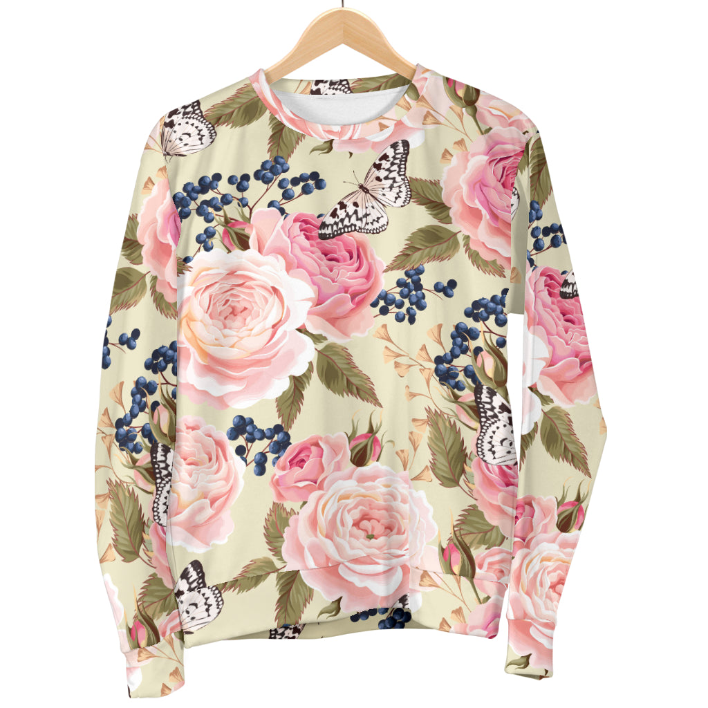 Floral Pink Butterfly Print Women Long Sleeve Sweatshirt
