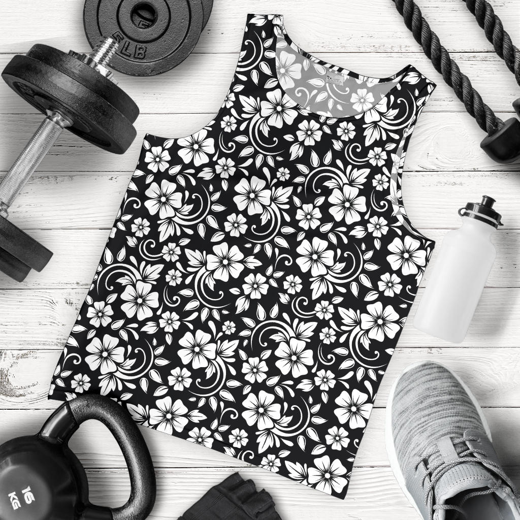 Floral Black White Themed Print Men Tank Top