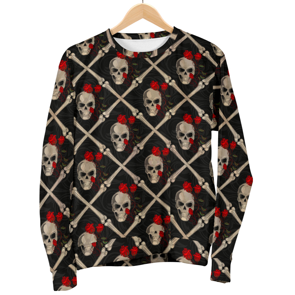 Skull Roses Bone Design Themed Print Men Long Sleeve Sweatshirt