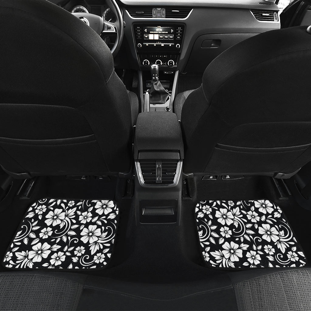 Floral Black White Themed Print Car Floor Mats Front Back