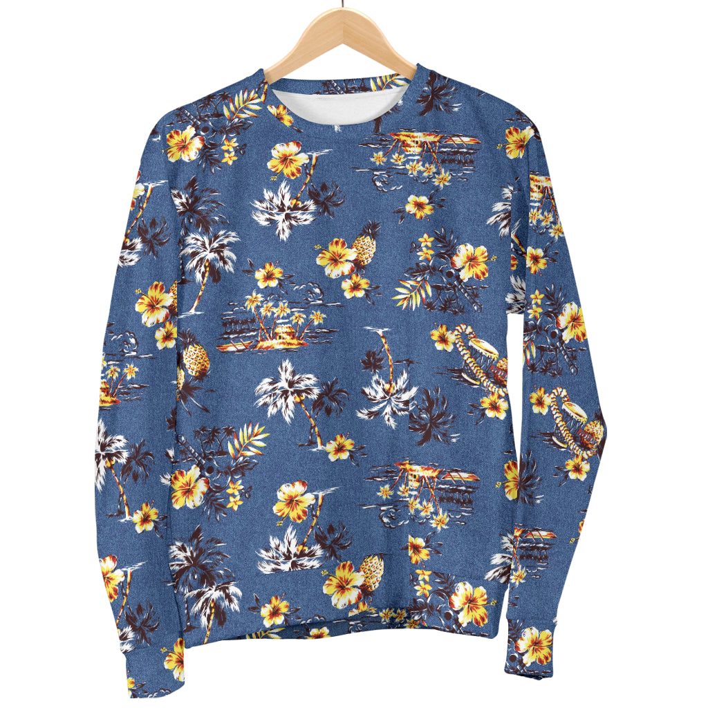 Hawaiian Flower Blue Print Women Long Sleeve Sweatshirt