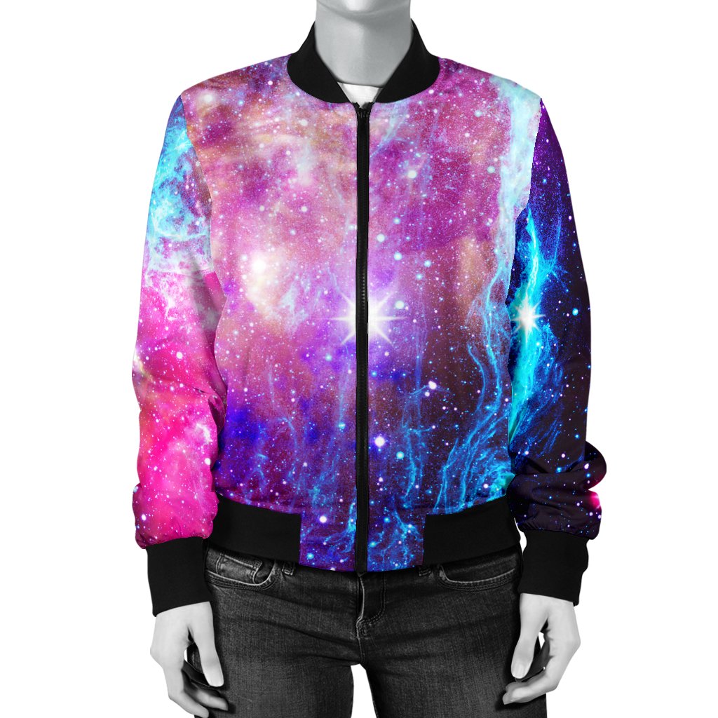 Galaxy Night Purple Space Print Women Casual Bomber Jacket