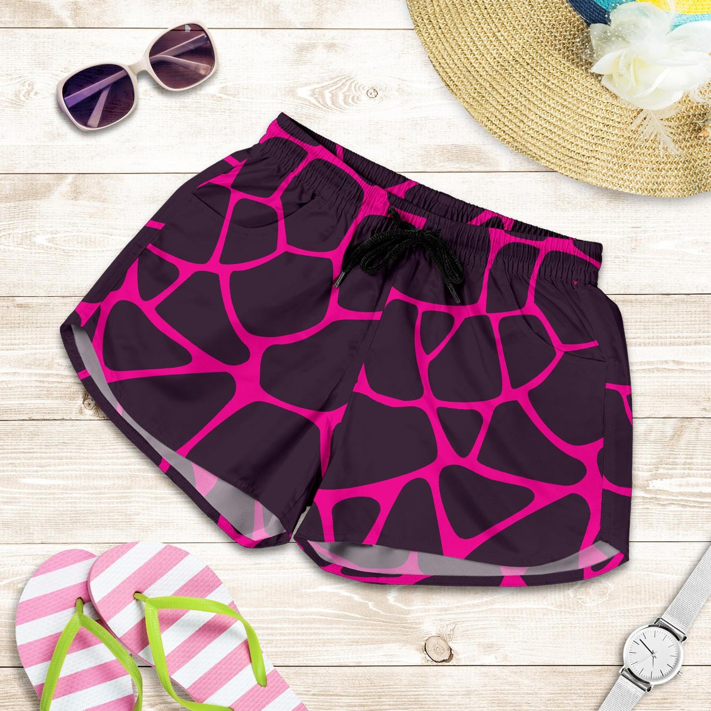 Giraffe Pink Background Texture Print Women Shorts-JTAMIGO.COM