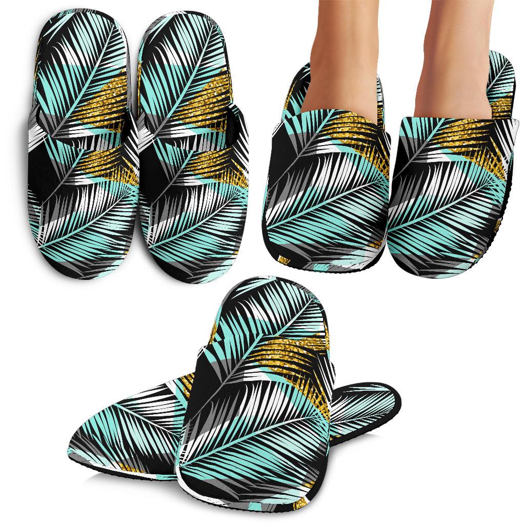 Gold Glitter Cyan Tropical Palm Leaves House Slippers