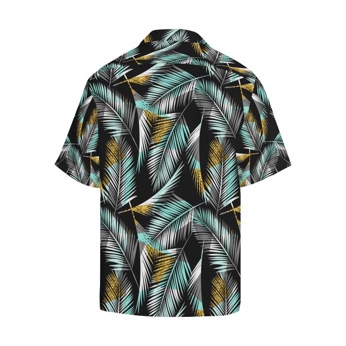 Gold Glitter Cyan Tropical Palm Leaves Men Aloha Hawaiian Shirt
