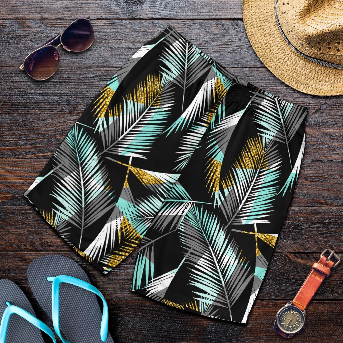 Gold Glitter Cyan Tropical Palm Leaves Mens Shorts-JTAMIGO.COM