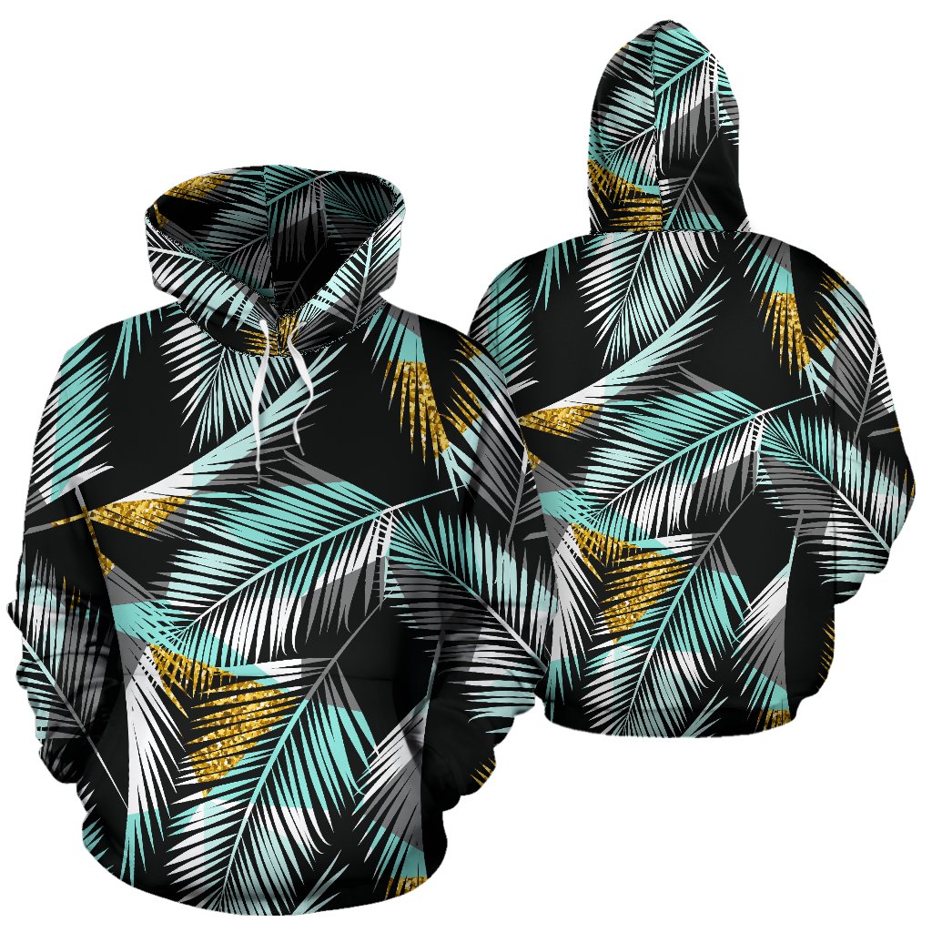 Gold Glitter Cyan Tropical Palm Leaves Pullover Hoodie