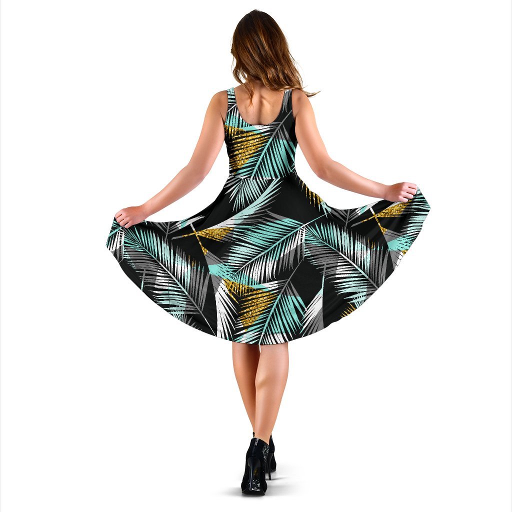 Gold Glitter Cyan Tropical Palm Leaves Sleeveless Dress
