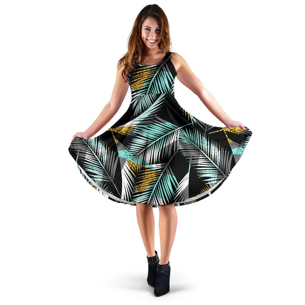 Gold Glitter Cyan Tropical Palm Leaves Sleeveless Dress