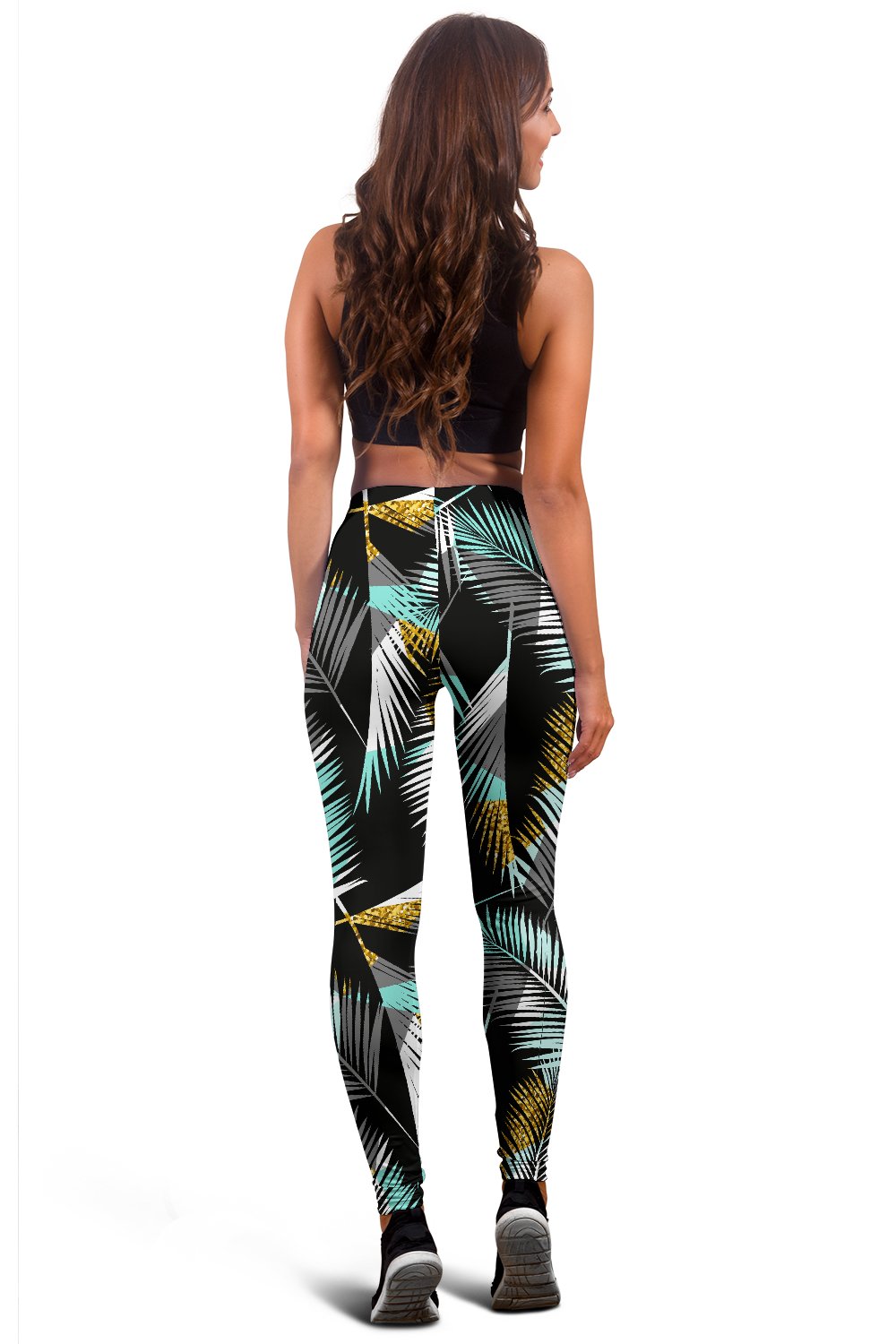 Gold Glitter Cyan Tropical Palm Leaves Women Leggings