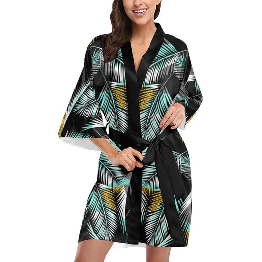 Gold Glitter Cyan Tropical Palm Leaves Women Short Kimono Robe