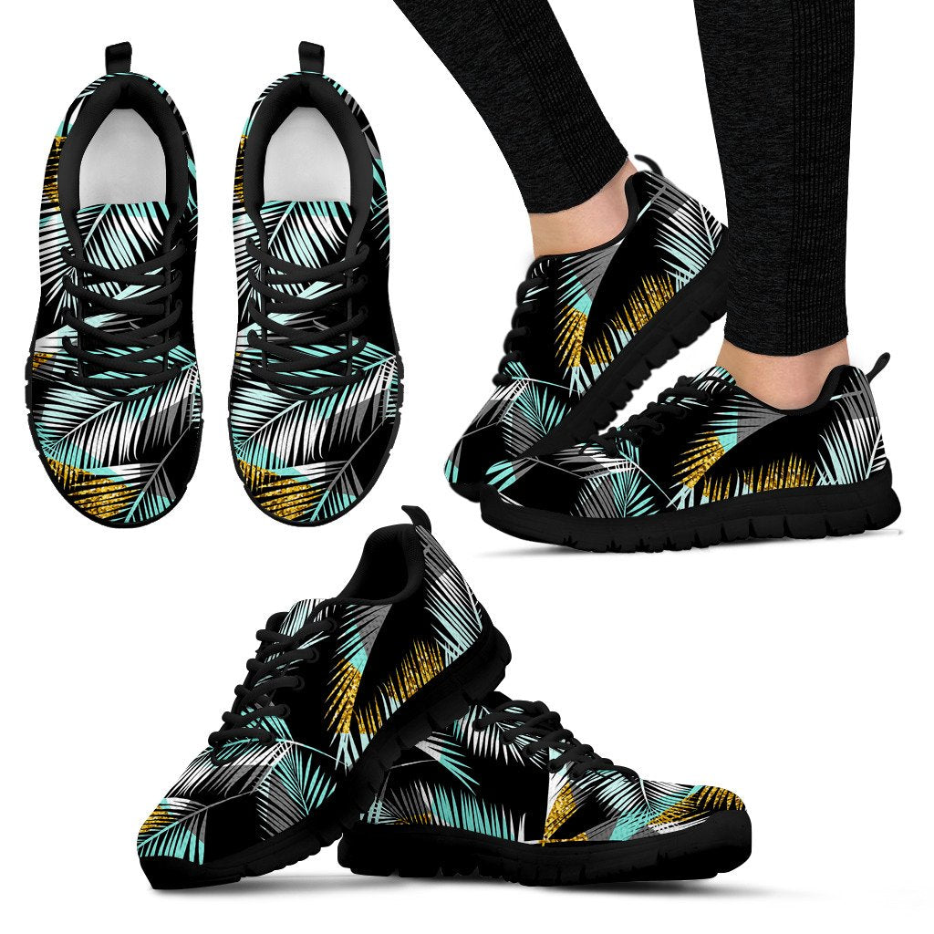 Gold Glitter Cyan Tropical Palm Leaves Women Sneakers Shoes