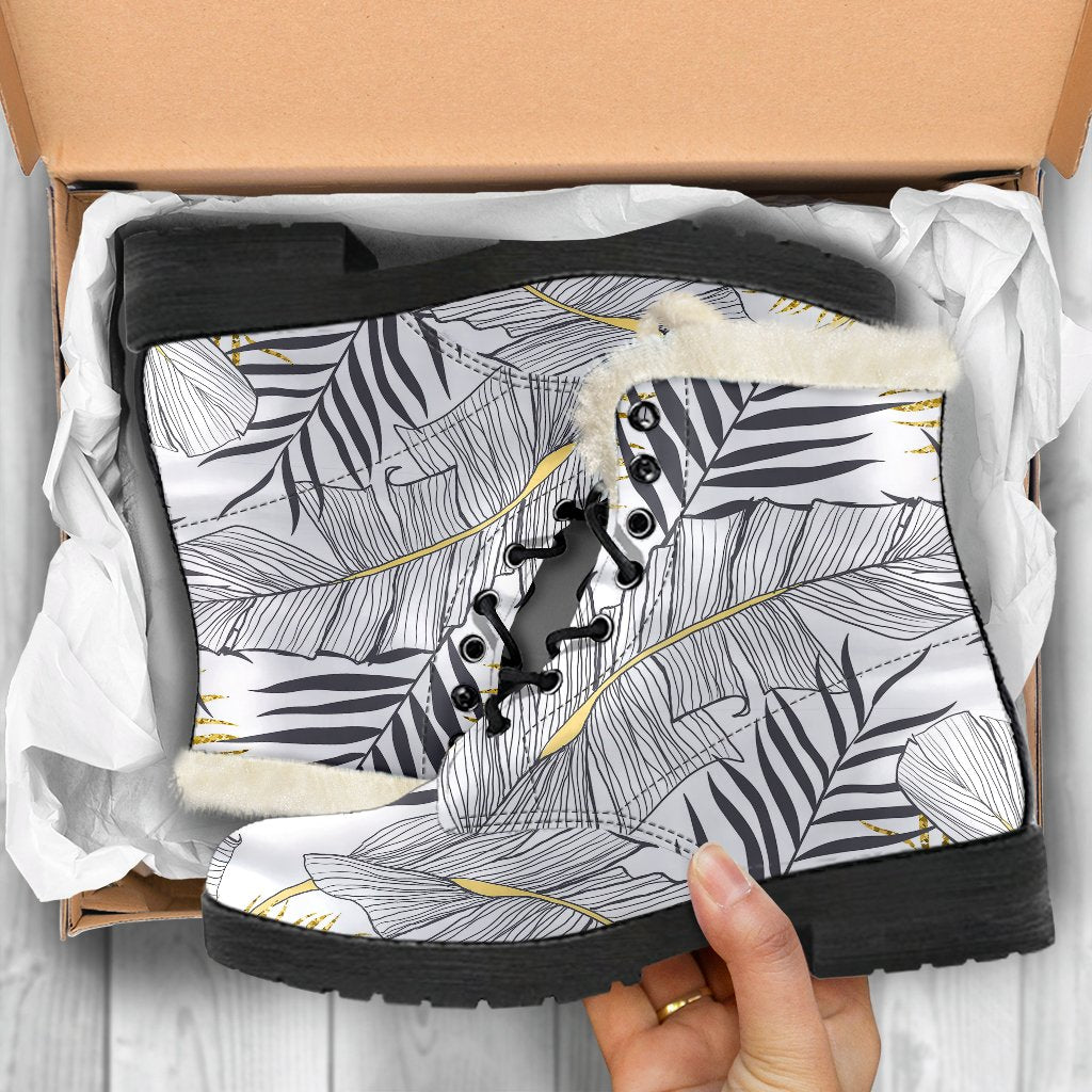 Gold Glitter Tropical Palm Leaves Faux Fur Leather Boots-JTAMIGO.COM