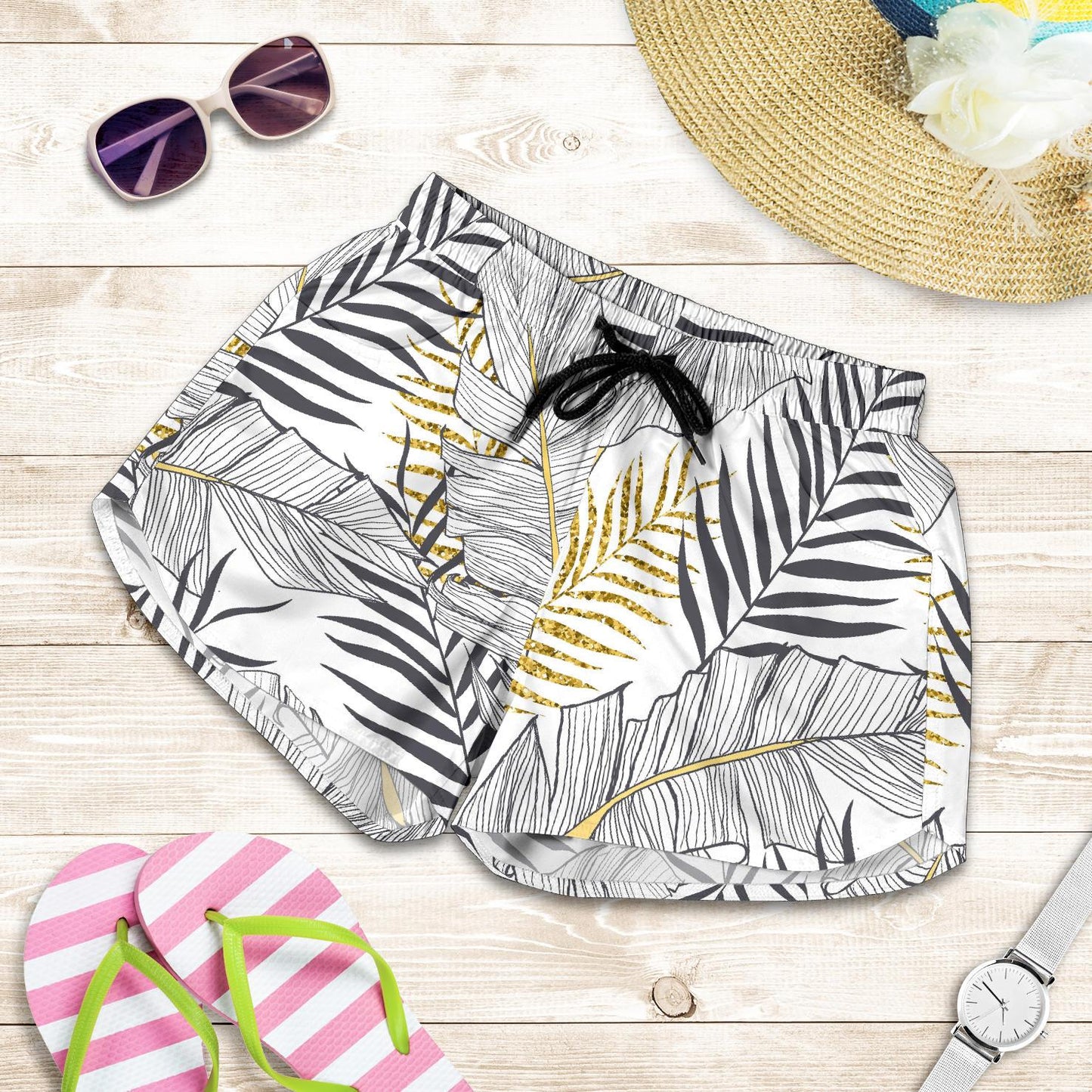 Gold Glitter Tropical Palm Leaves Women Shorts-JTAMIGO.COM