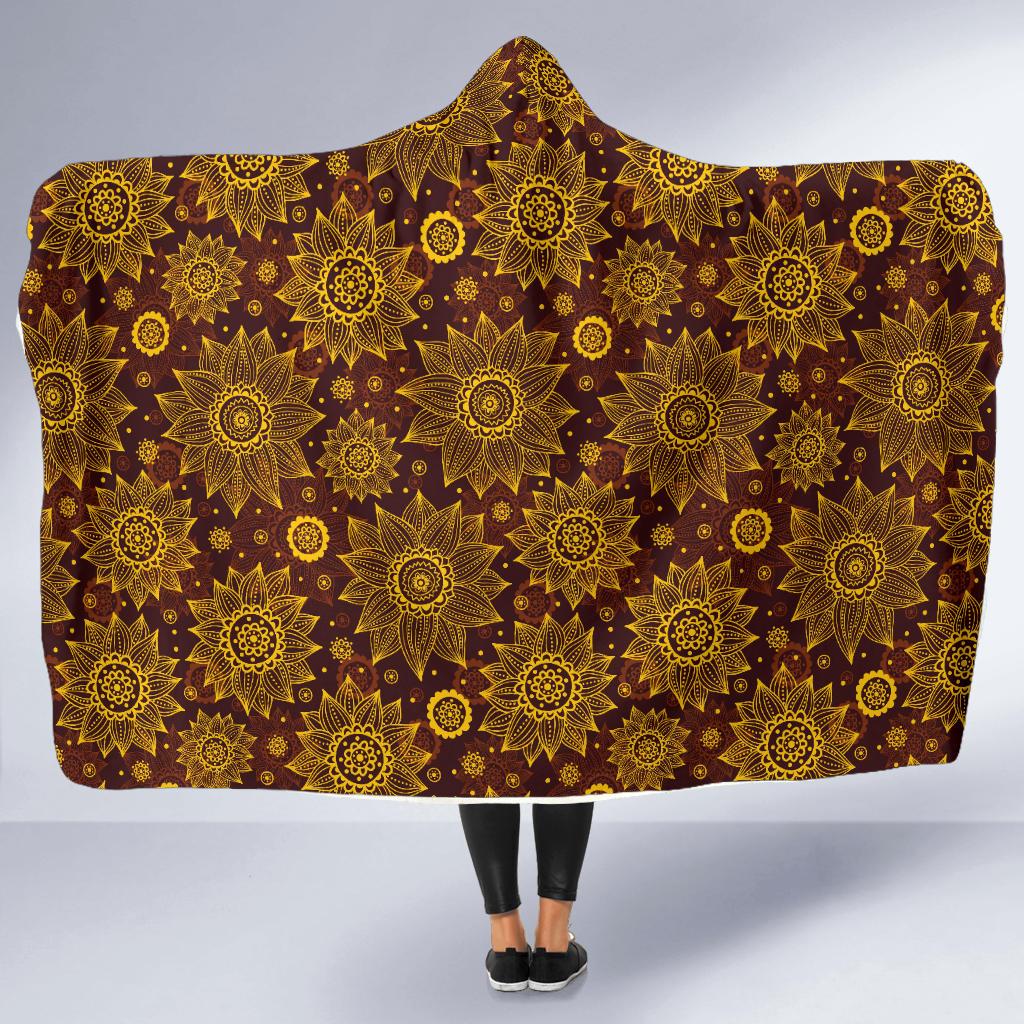 Gold Sunflower Hand Drawn Print Hooded Blanket-JTAMIGO.COM