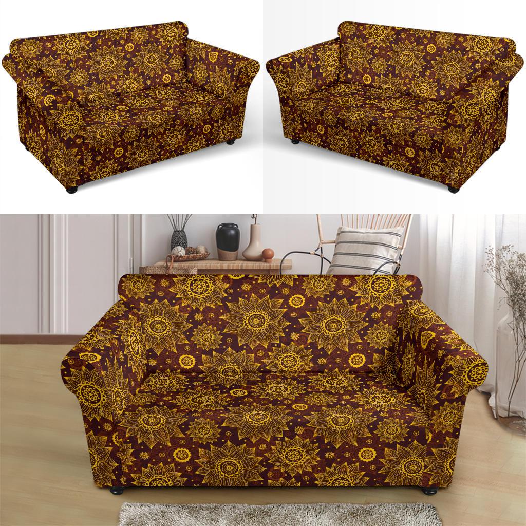 Gold Sunflower Hand Drawn Print Loveseat Slipcover-JTAMIGO.COM