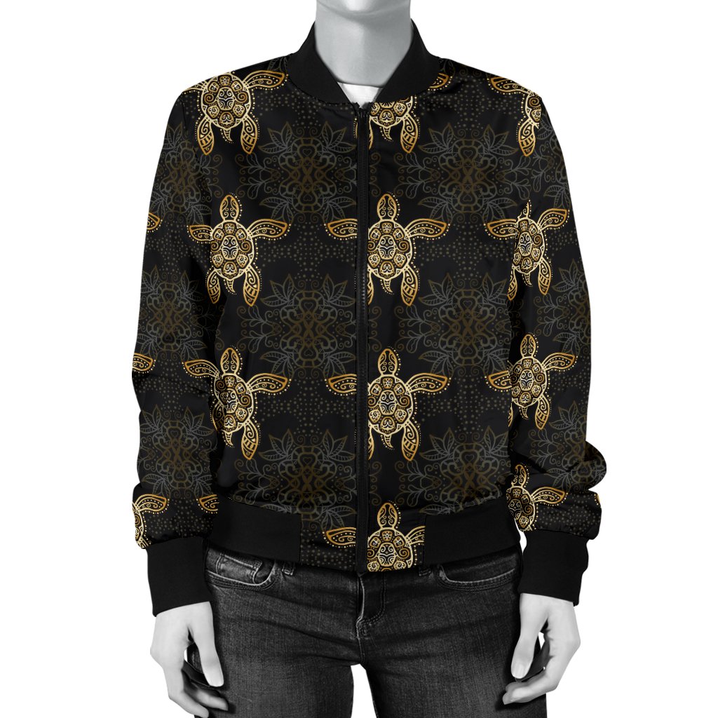 Gold Tribal Turtle Polynesian Design Women Casual Bomber Jacket