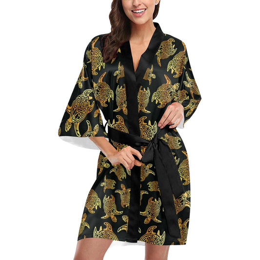 Gold Tribal Turtle Polynesian Themed Women Short Kimono Robe