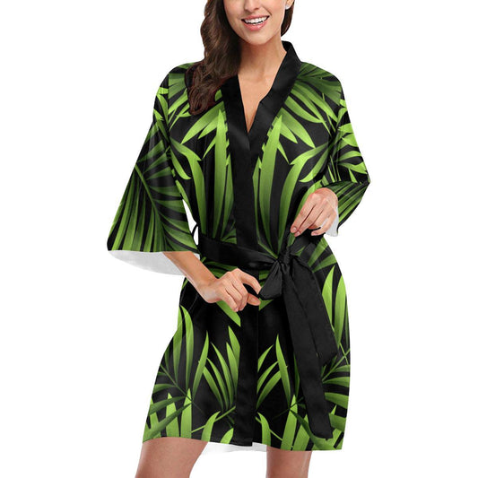 Green Neon Tropical Palm Leaves Women Short Kimono Robe