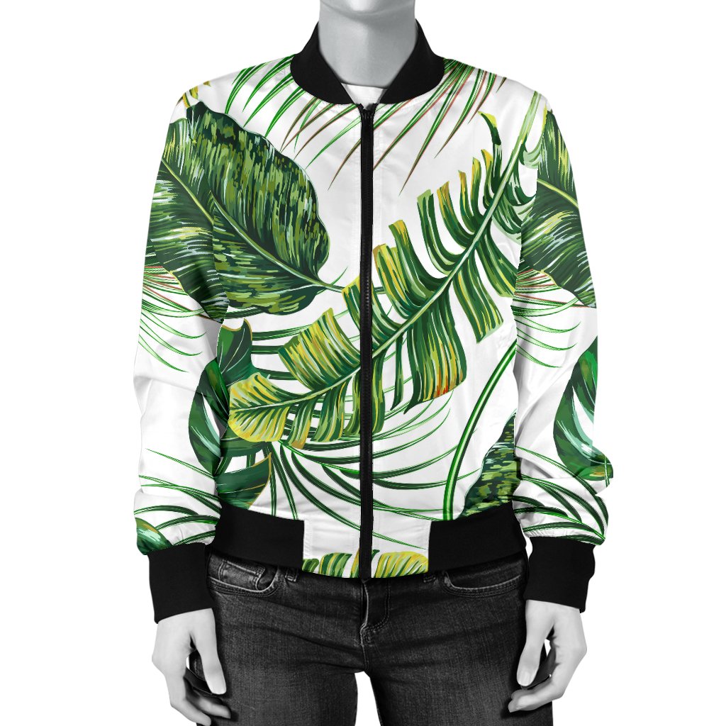 Green Pattern Tropical Palm Leaves Women Casual Bomber Jacket