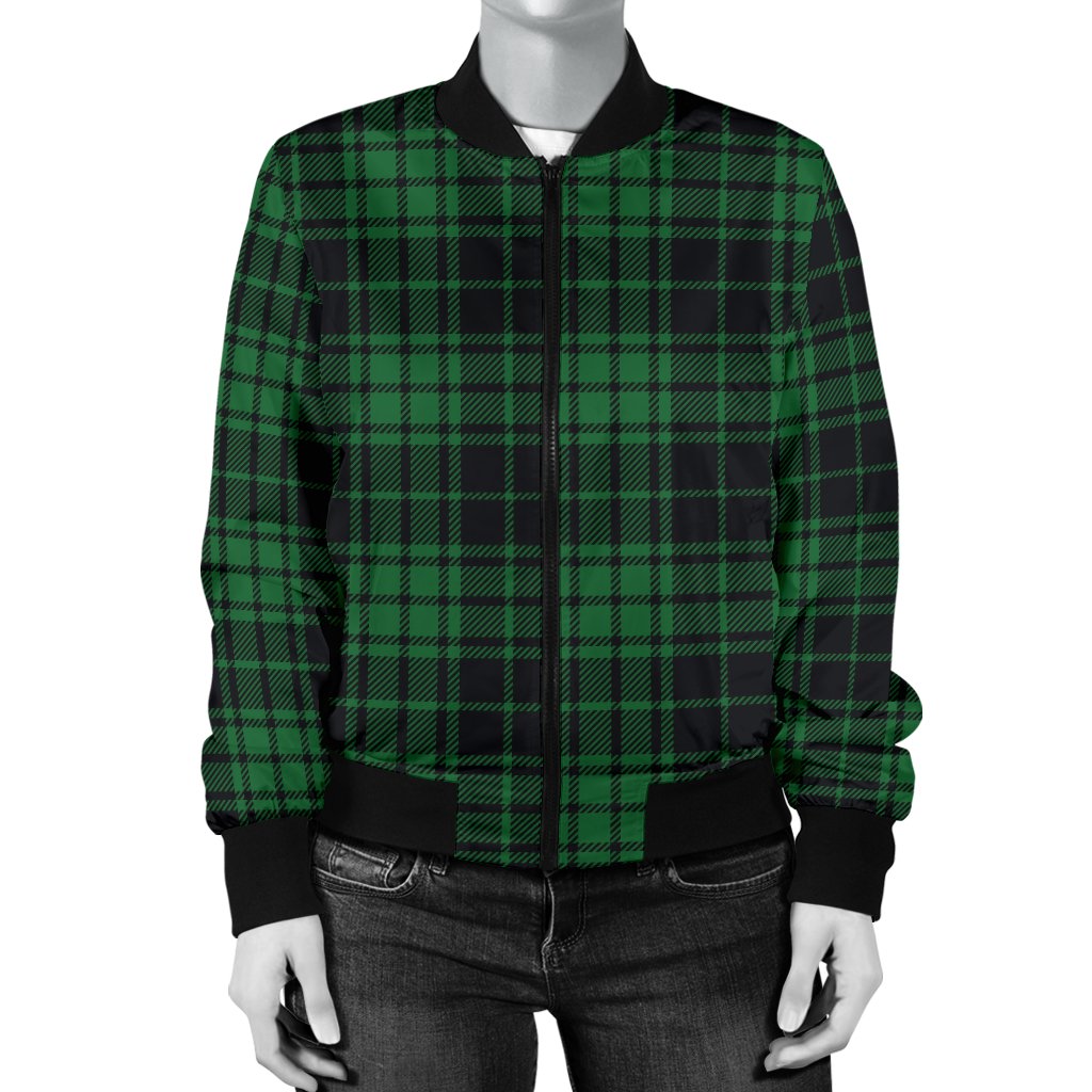 Green Tartan Plaid Pattern Women Casual Bomber Jacket