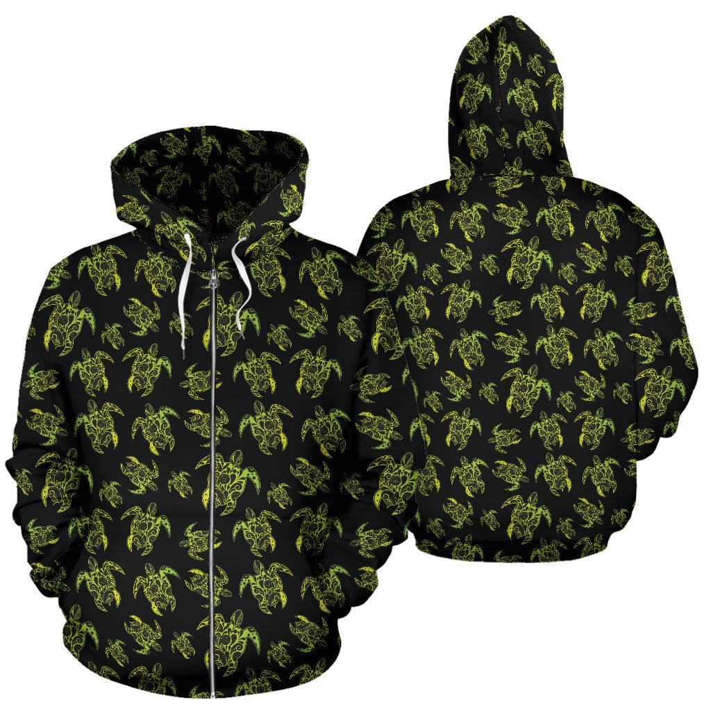 Green Tribal Turtle Polynesian Themed Zip Up Hoodie