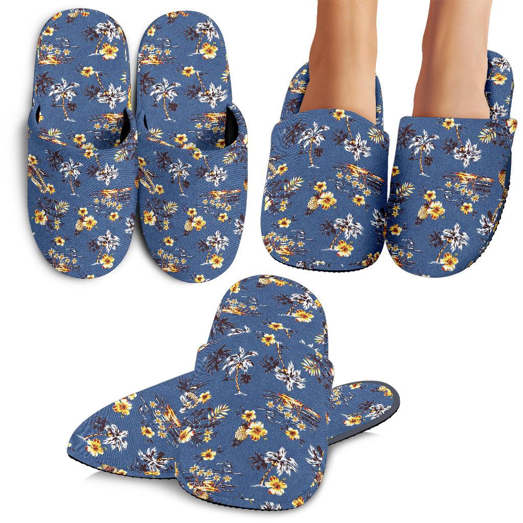 Hawaiian Flower Blue Print House Slippers
