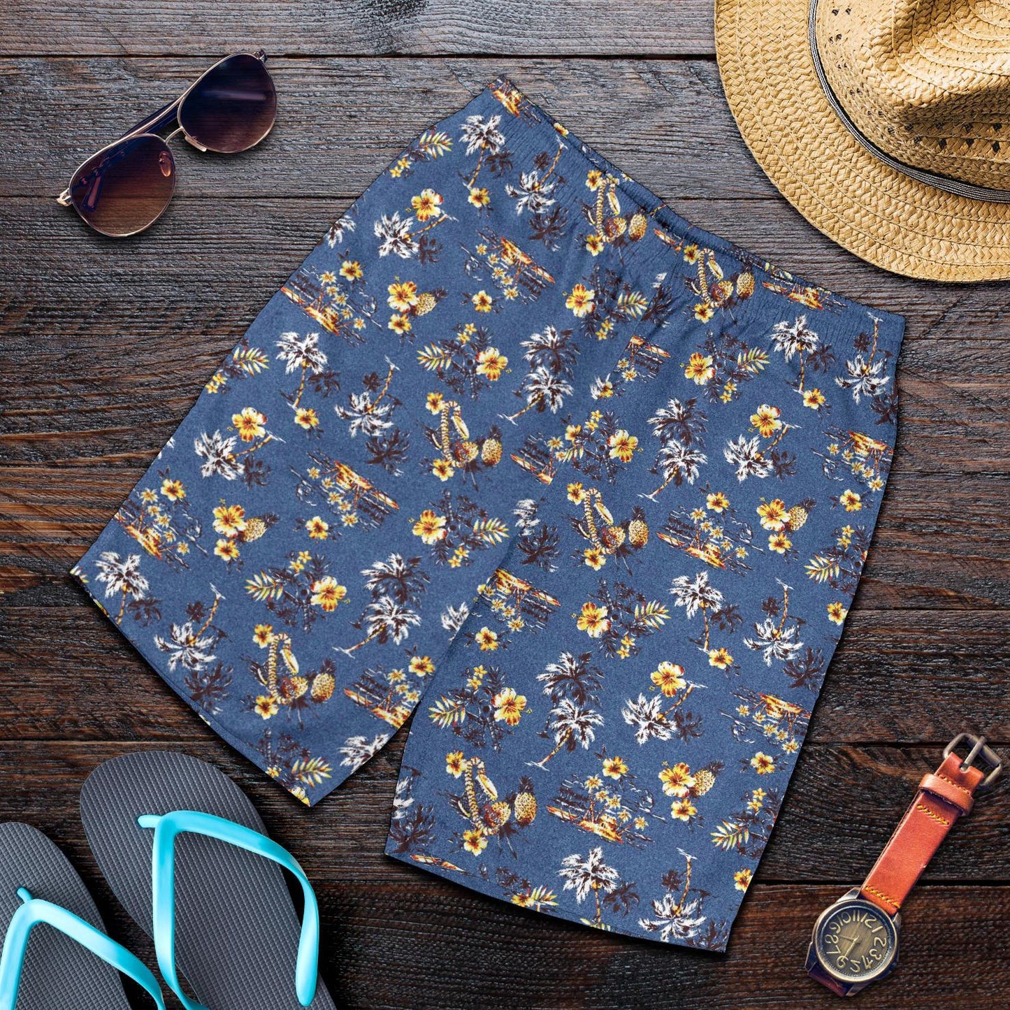 Hawaiian Flower Blue Print Mens Shorts-JTAMIGO.COM