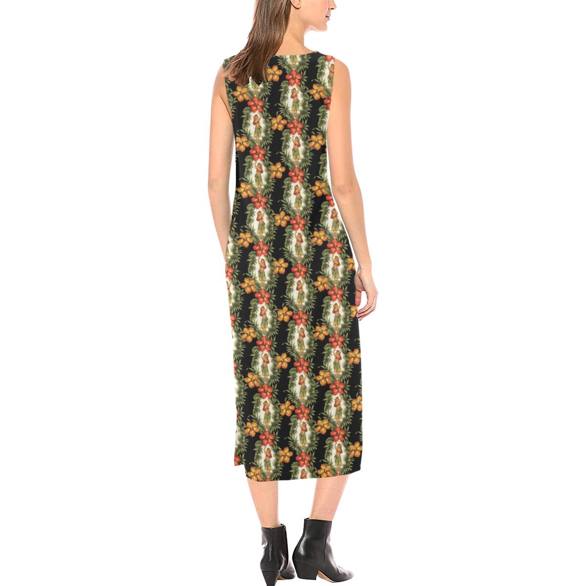Hawaiian Flower Hula Hibiscus Print Sleeveless Open Fork Long Dress (Model D08)-JTAMIGO.COM