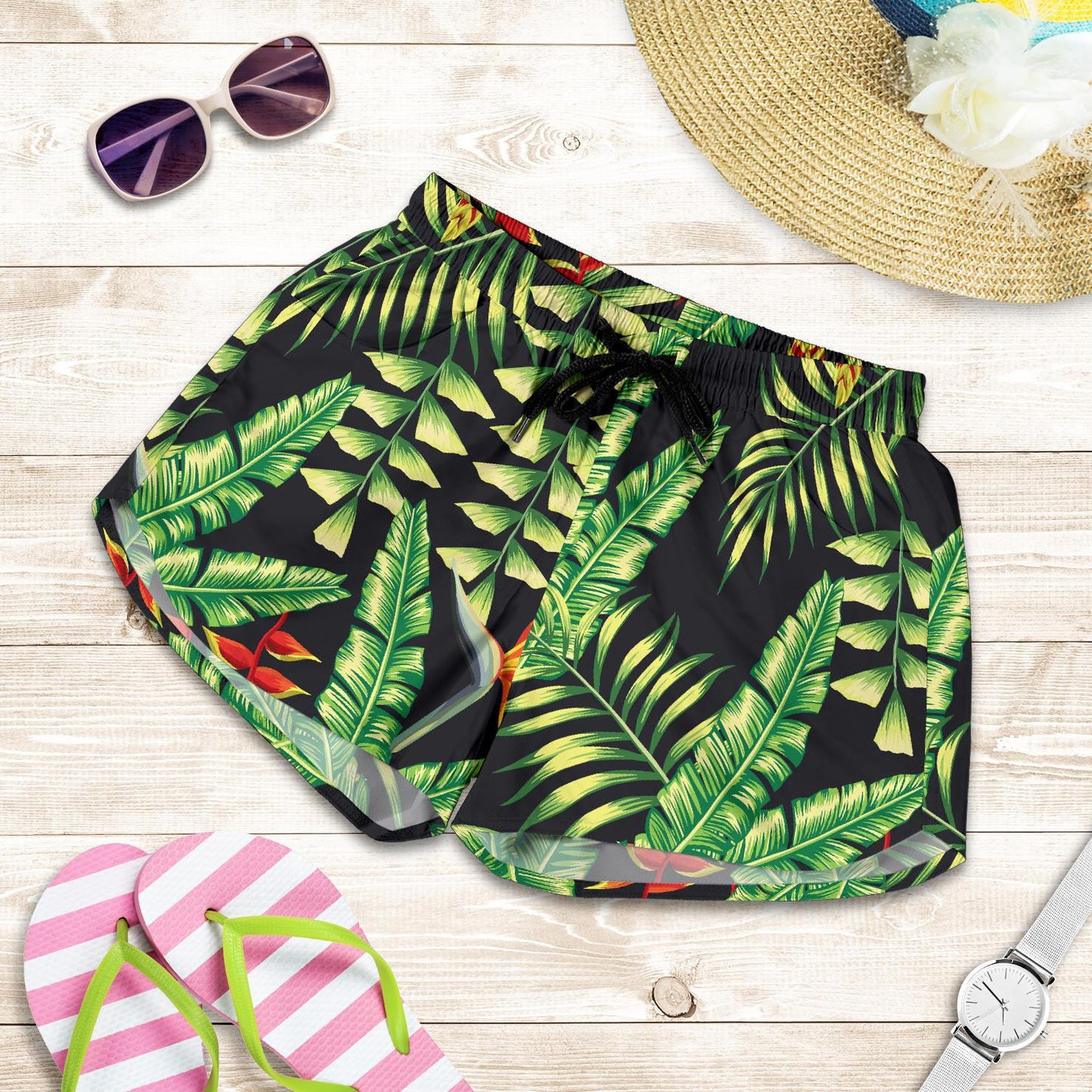 Hawaiian Flower Tropical Palm Leaves Women Shorts-JTAMIGO.COM
