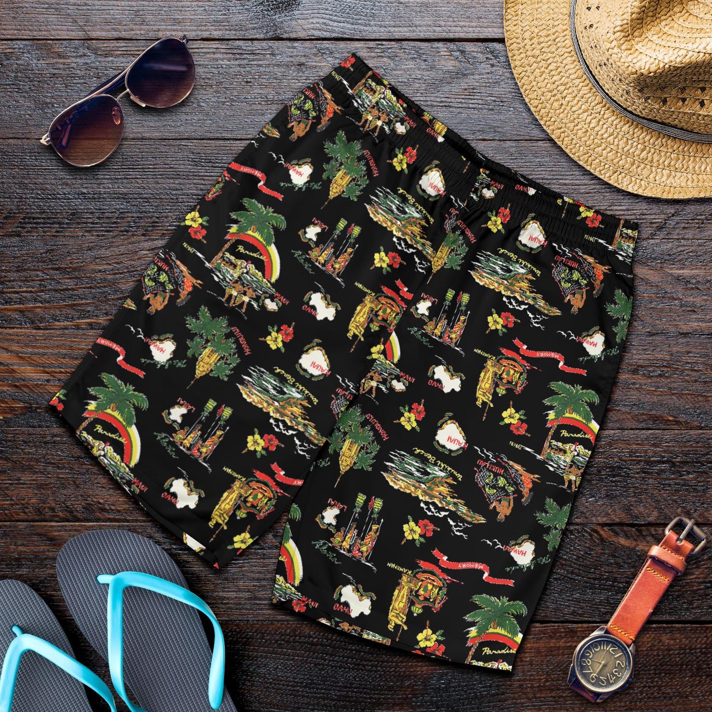 Hawaiian Island Themed Print Mens Shorts-JTAMIGO.COM