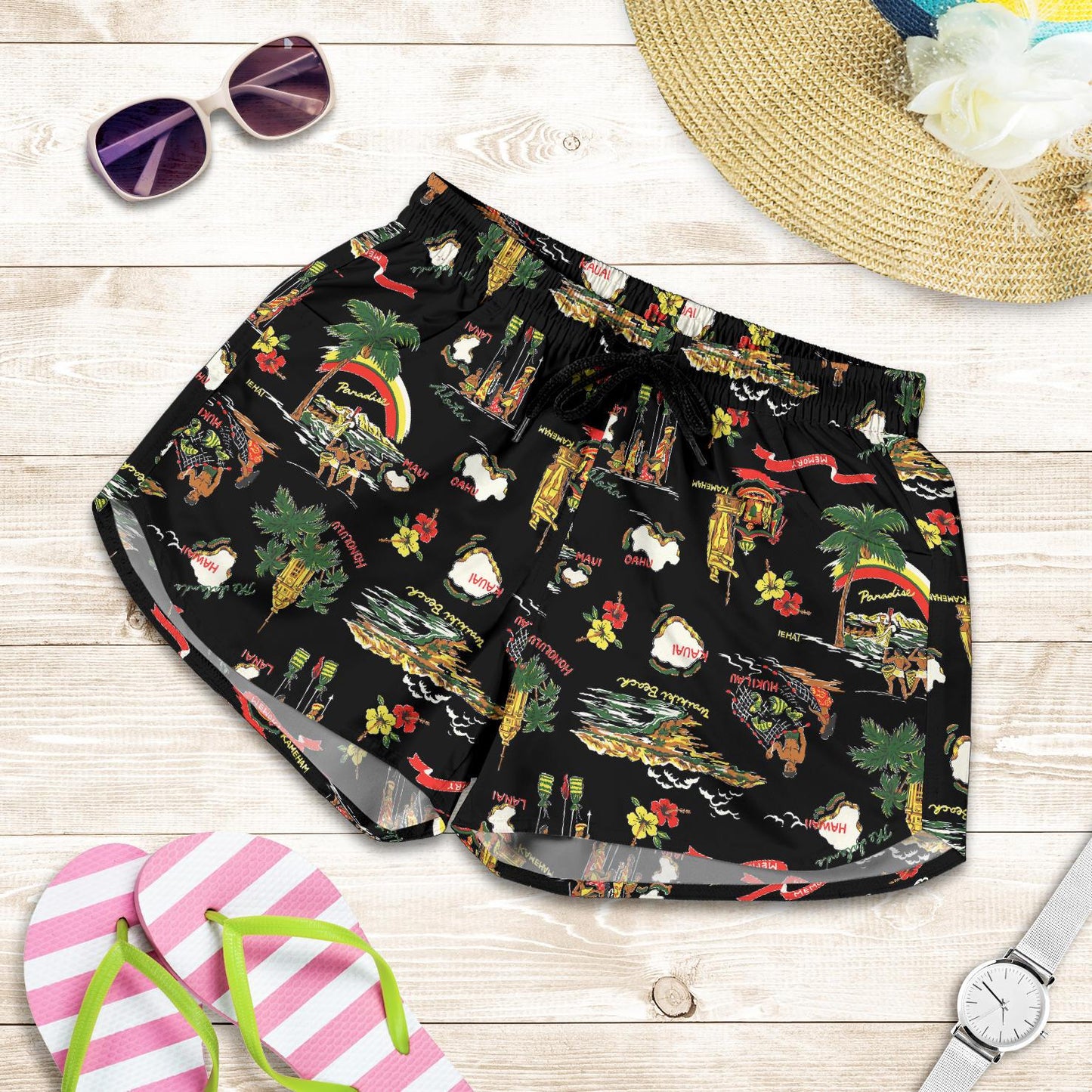 Hawaiian Island Themed Print Women Shorts-JTAMIGO.COM
