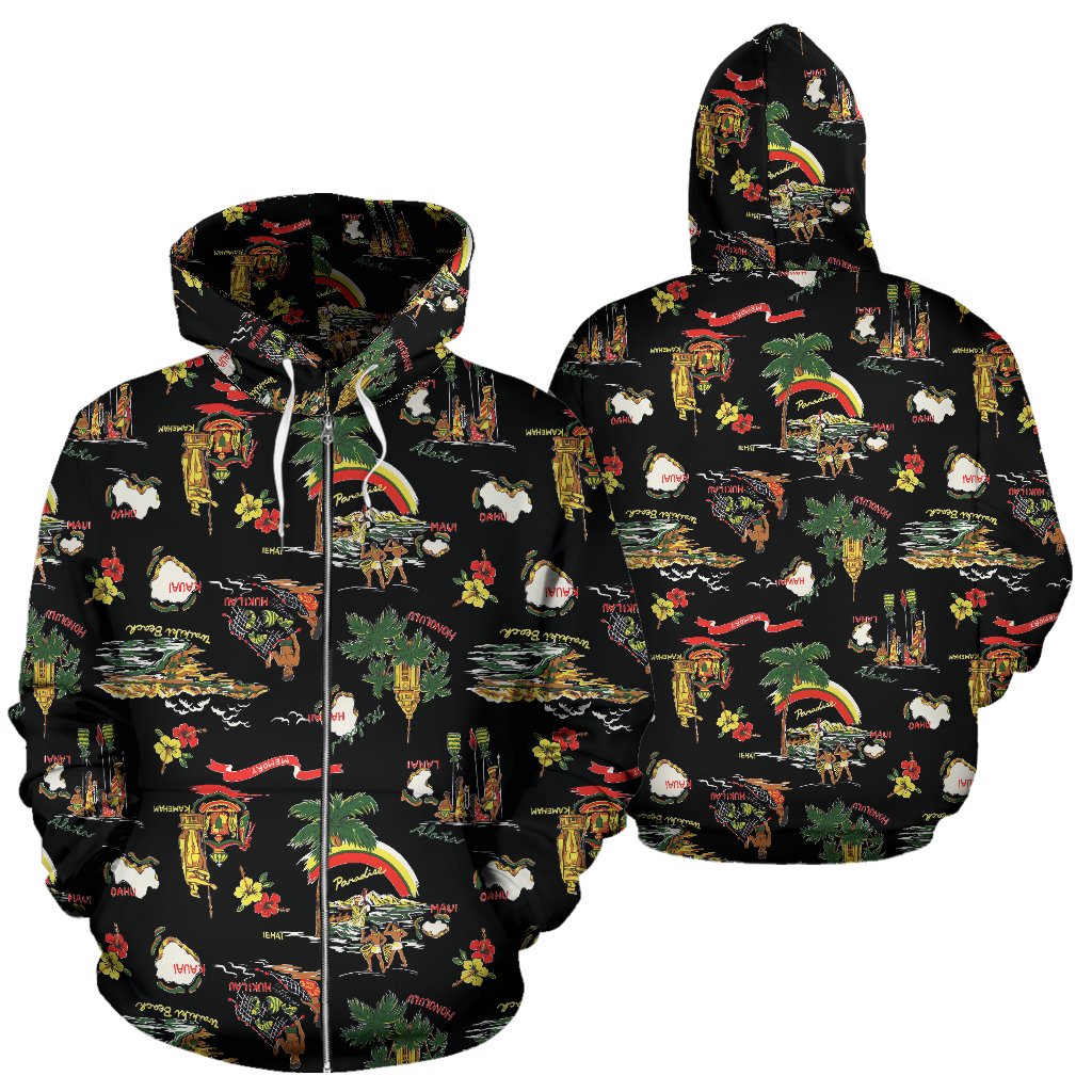 Hawaiian Island Themed Print Zip Up Hoodie